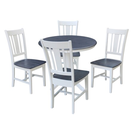 International Concepts 36 in. Solid Wood Round Top Pedestal Dining Table with 4 Dining Chairs in White/Heather Gray K05-36RT-27B-C10-4
